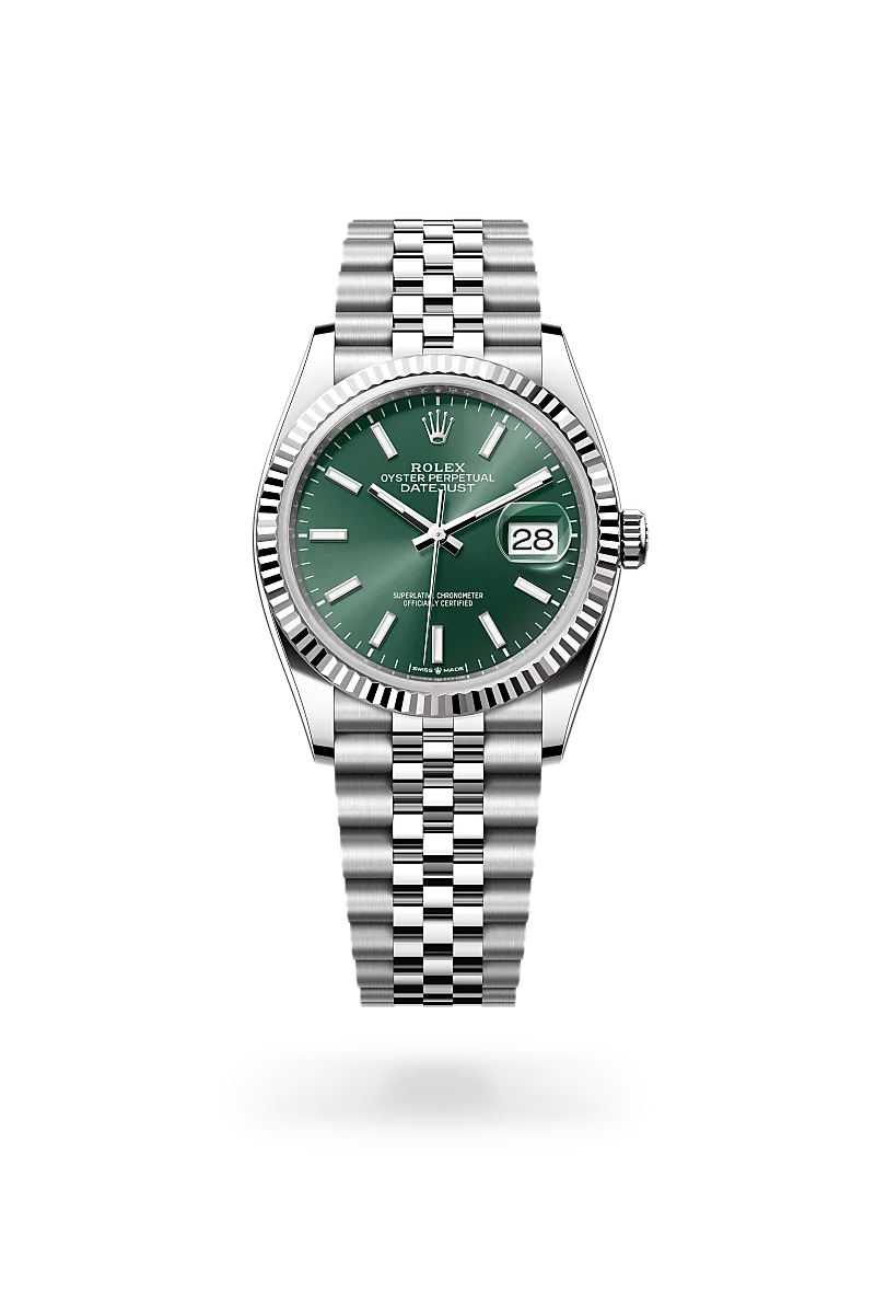 Rolex Datejust 36 in White Rolesor with a Mint green finish dial, fluted bezel, and Oystersteel bracelet