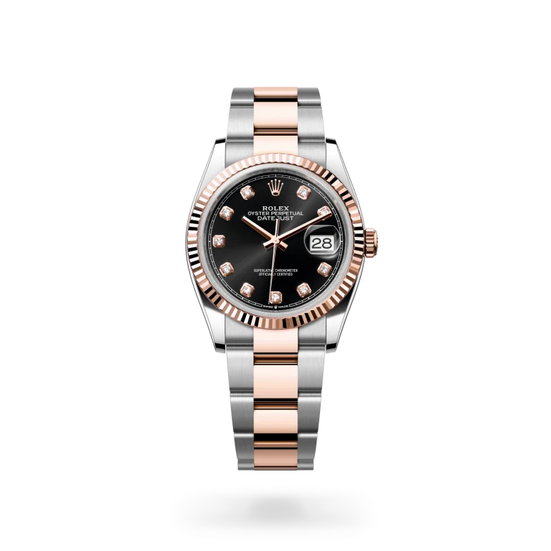 Rolex Datejust 36 in Everose Rolesor with a Bright black diamond set finish dial, fluted bezel, and Everose Rolesor bracelet