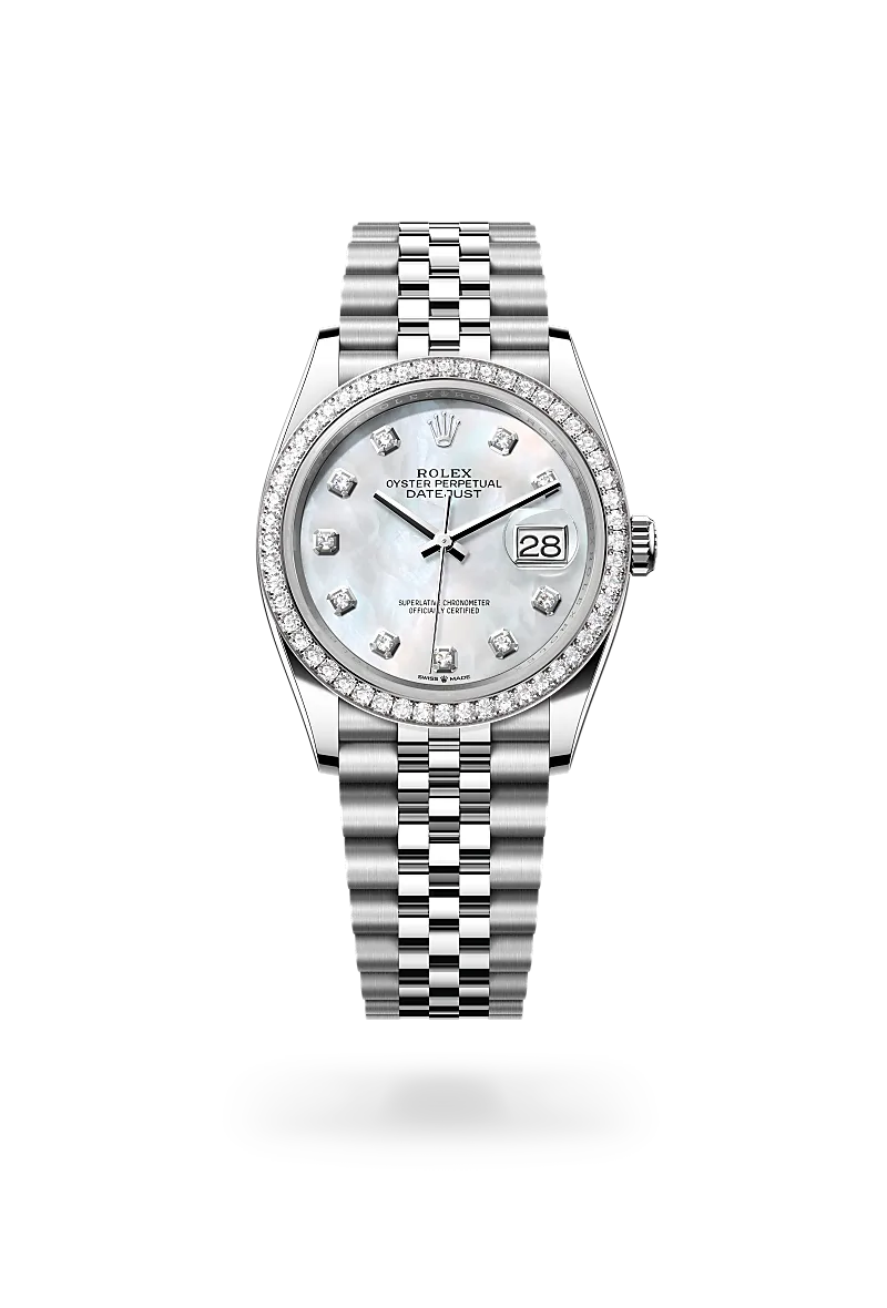 Rolex Datejust 36 in White Rolesor with a White mother-of-pearl diamond set finish dial, diamond-set bezel, and Oystersteel bracelet