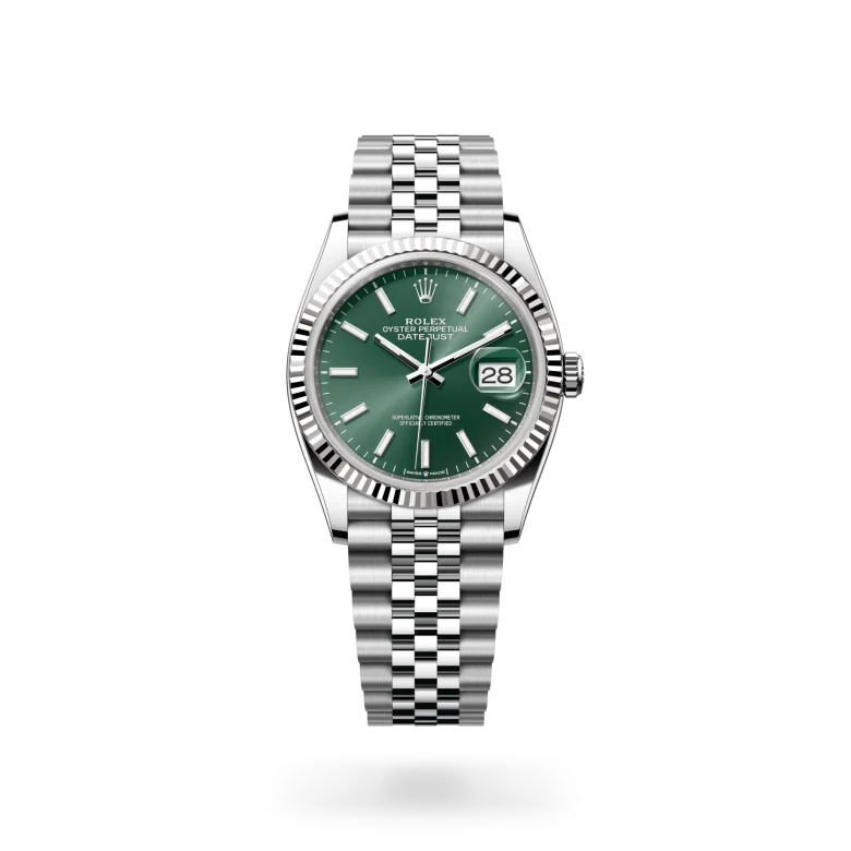 Rolex Datejust 36 in White Rolesor with a Mint green finish dial, fluted bezel, and Oystersteel bracelet