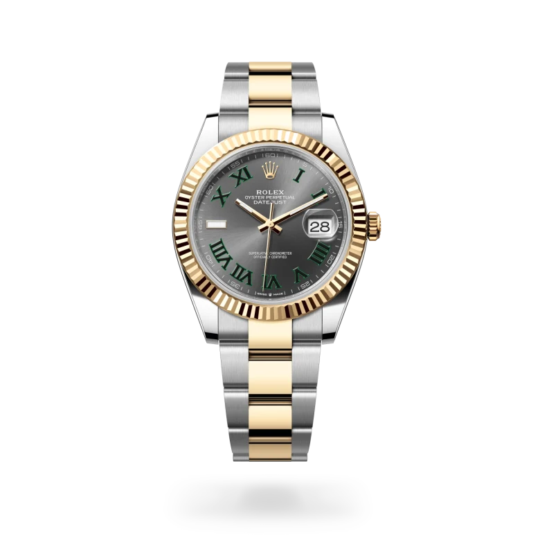 Rolex Datejust 41 in Yellow Rolesor with a Slate finish dial, fluted bezel, and Yellow Rolesor bracelet