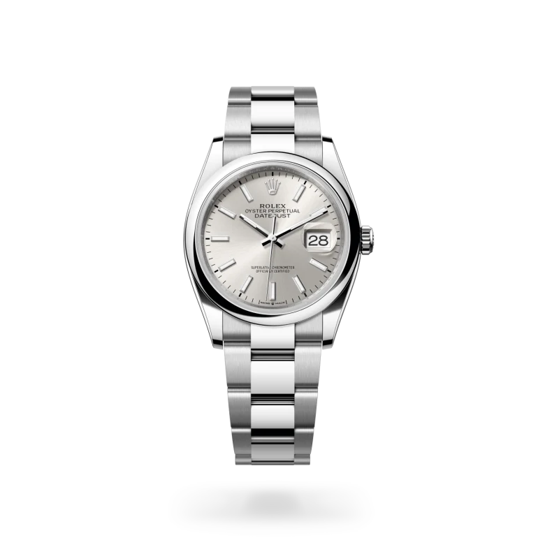 Rolex Datejust 36 in Oystersteel with a Silver finish dial, domed bezel, and Oystersteel bracelet
