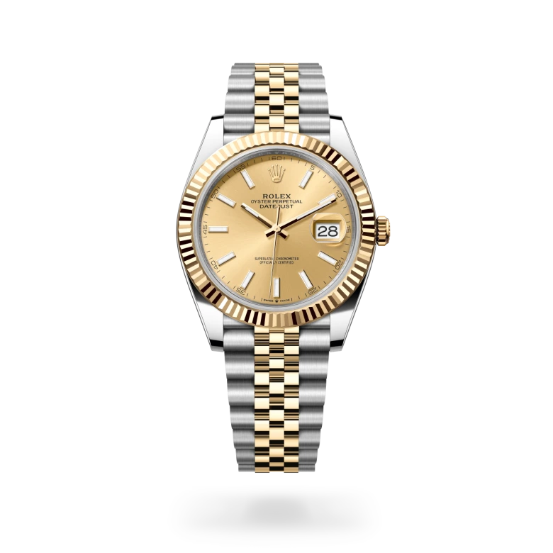 Rolex Datejust 41 in Yellow Rolesor with a Champagne-colour finish dial, fluted bezel, and Yellow Rolesor bracelet