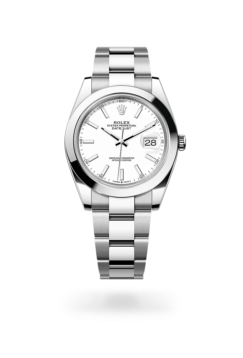 Rolex Datejust 41 in Oystersteel with a White finish dial, smooth bezel, and Oystersteel bracelet