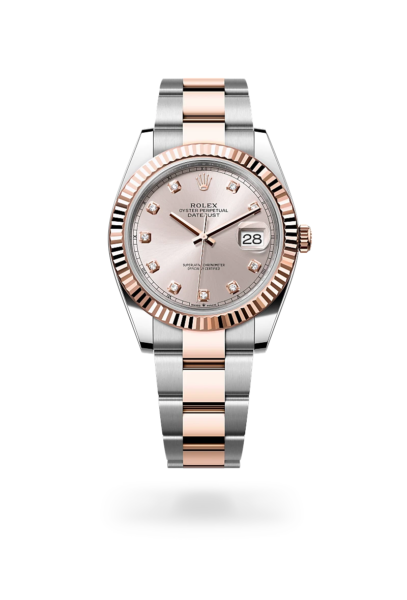 Rolex Datejust 41 in Everose Rolesor with a Sundust diamond set finish dial, fluted bezel, and Everose Rolesor bracelet