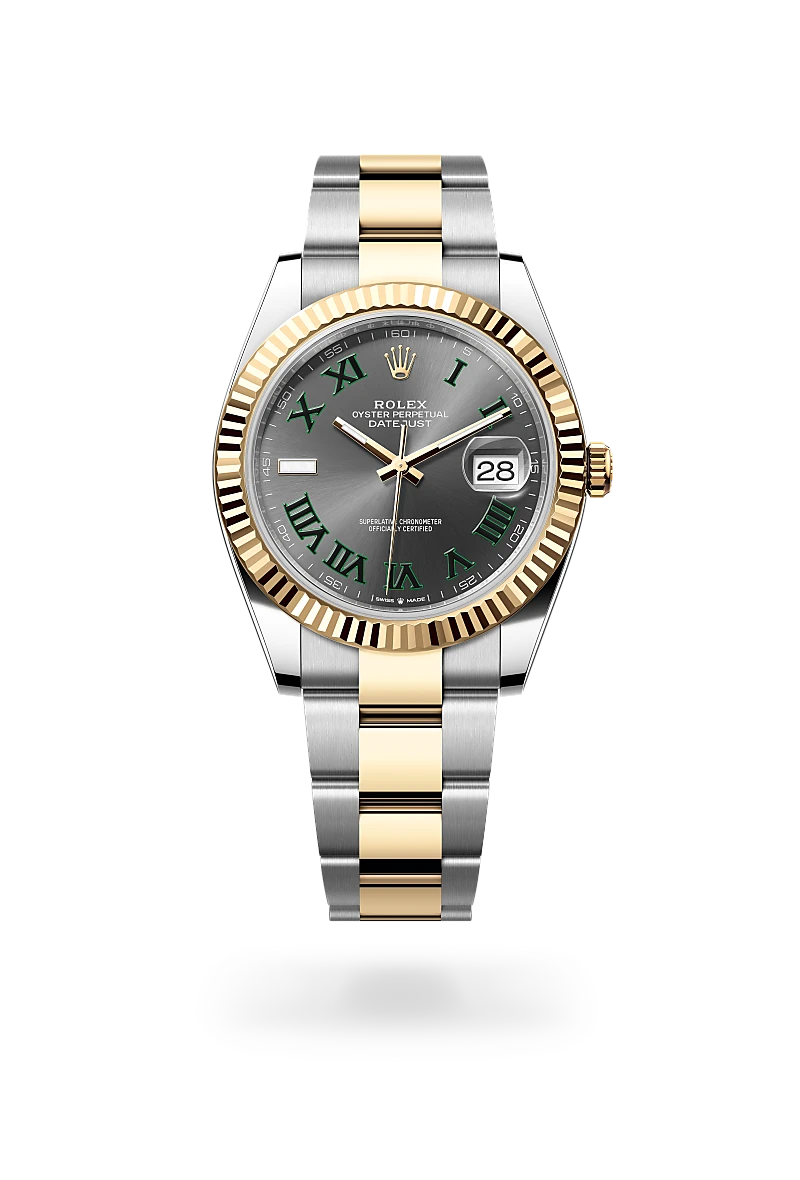 Rolex Datejust 41 in Yellow Rolesor with a Slate finish dial, fluted bezel, and Yellow Rolesor bracelet