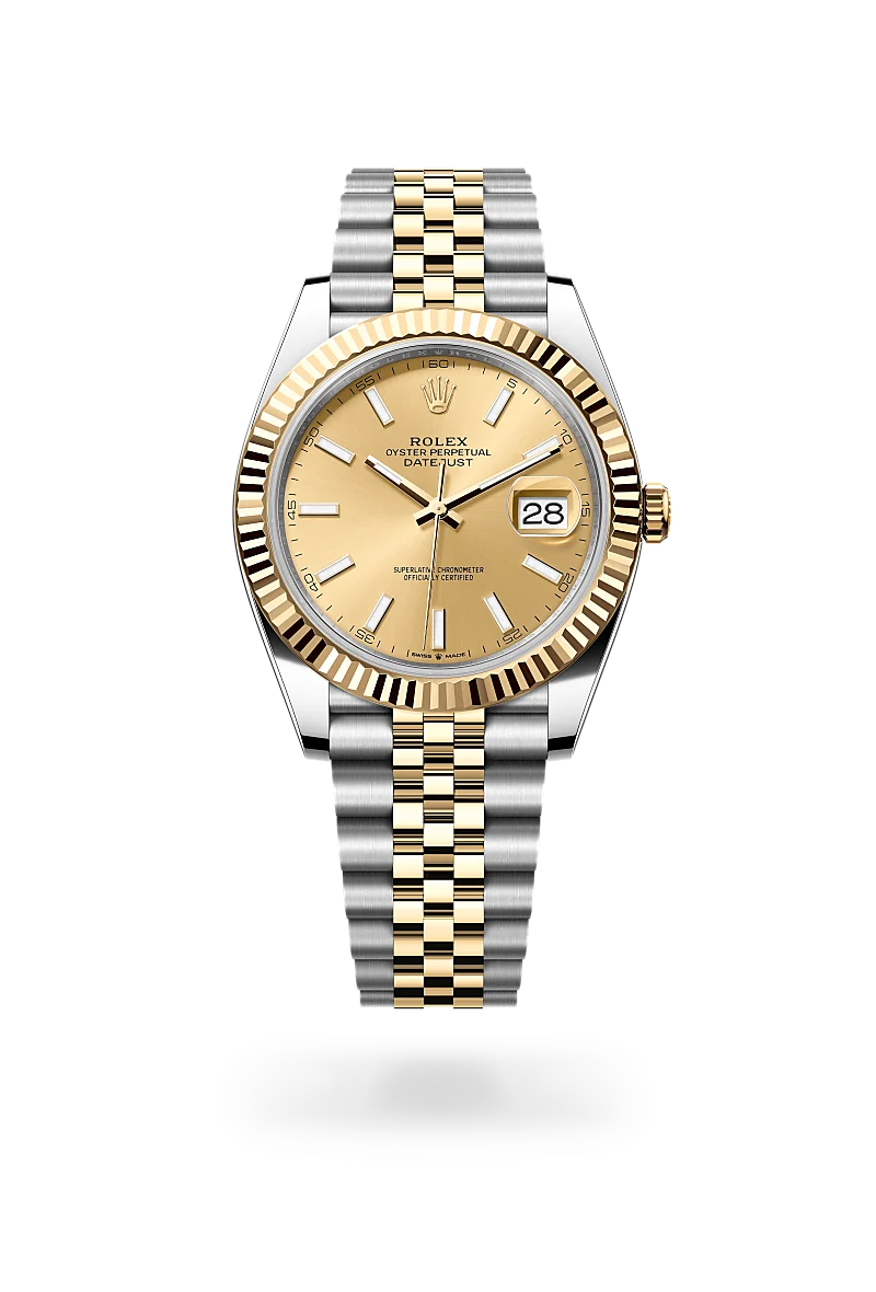 Rolex Datejust 41 in Yellow Rolesor with a Champagne-colour finish dial, fluted bezel, and Yellow Rolesor bracelet