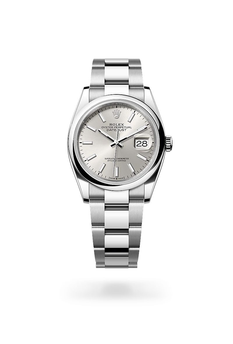Rolex Datejust 36 in Oystersteel with a Silver finish dial, domed bezel, and Oystersteel bracelet