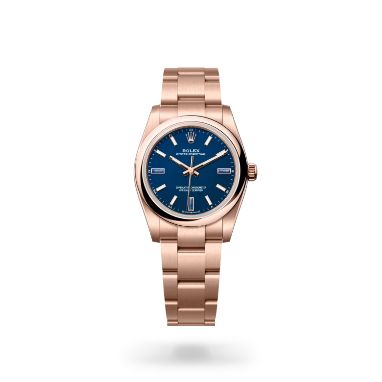 Rolex Oyster Perpetual in 18 ct Everose gold, M124205-0002 - Langfords Jewellers