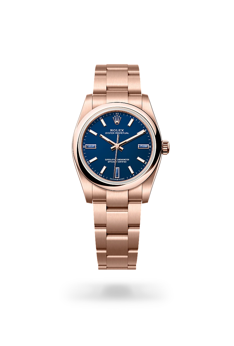 Rolex Oyster Perpetual 34 in 18 ct Everose gold with a Blue stone finish dial, domed bezel, and 18 ct Everose gold bracelet