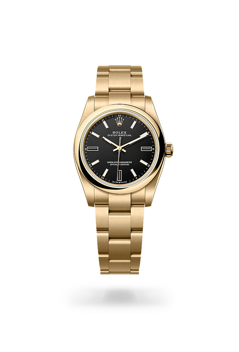 Rolex Oyster Perpetual 34 in 18 ct yellow gold with a Black finish dial, domed bezel, and 18 ct yellow gold bracelet