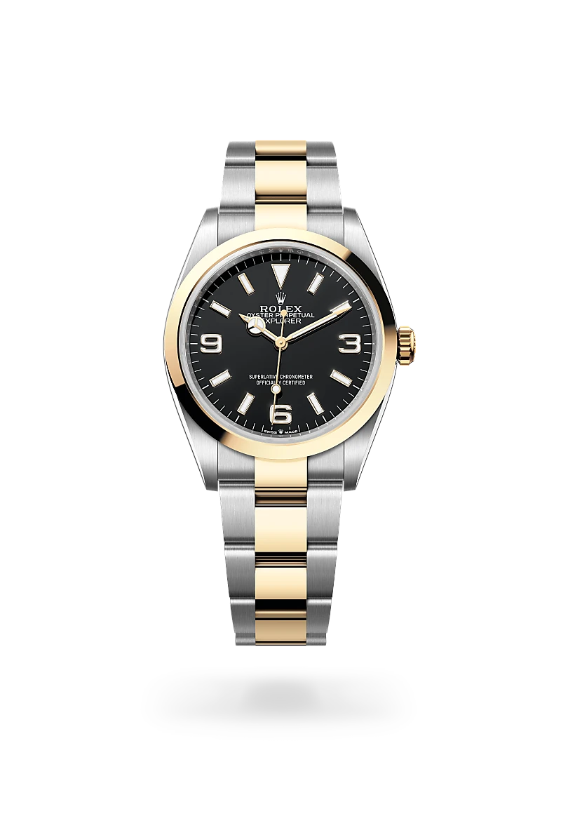 Rolex Explorer 36 in Yellow Rolesor with a Black finish dial, smooth bezel, and Yellow Rolesor bracelet