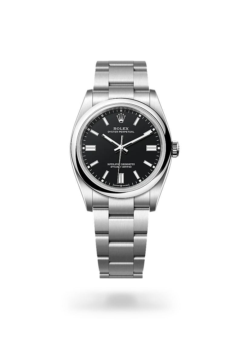 Rolex Oyster Perpetual 36 in Oystersteel with a Black finish dial, domed bezel, and Oystersteel bracelet