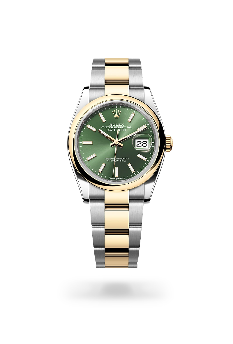 Rolex Datejust 36 in Yellow Rolesor with a Olive green finish dial, domed bezel, and Yellow Rolesor bracelet