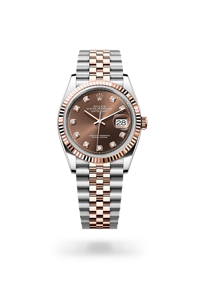 Rolex Datejust 36 in Everose Rolesor with a Chocolate diamond set finish dial, fluted bezel, and Everose Rolesor bracelet