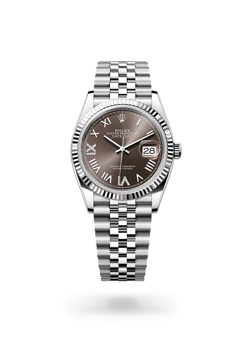 Rolex Datejust 36 in White Rolesor with a Dark grey diamond set finish dial, fluted bezel, and Oystersteel bracelet