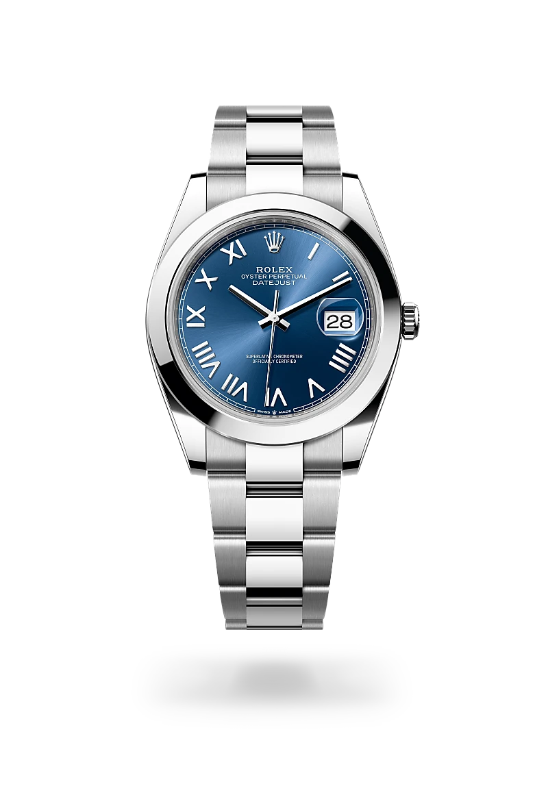 Rolex Datejust 41 in Oystersteel with a Bright blue finish dial, smooth bezel, and Oystersteel bracelet