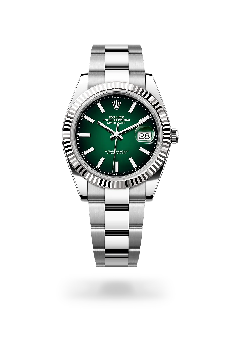 Rolex Datejust 41 in White Rolesor with a Green ombr� finish dial, fluted bezel, and Oystersteel bracelet