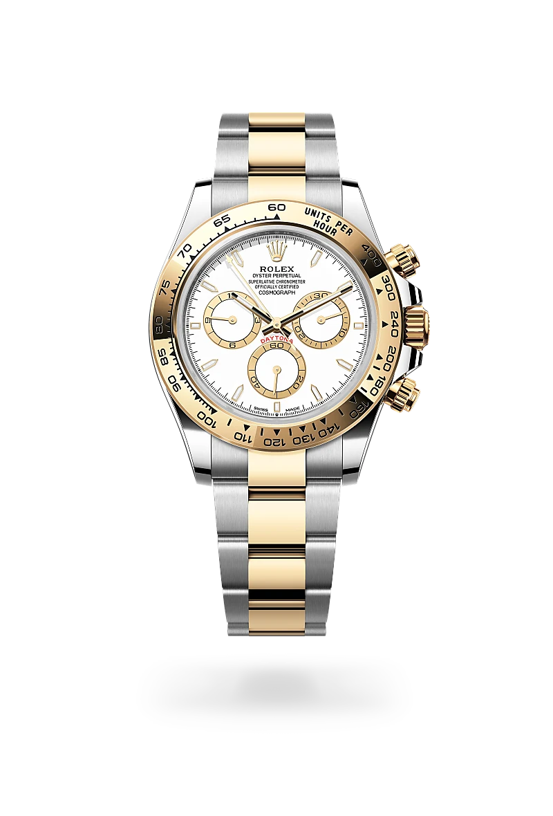 Rolex Cosmograph Daytona in Yellow Rolesor with a white, golden finish dial, yellow gold bezel, and Yellow Rolesor bracelet