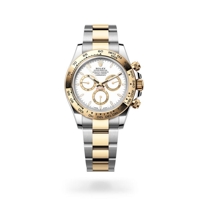 Rolex Cosmograph Daytona in Yellow Rolesor with a white, golden finish dial, yellow gold bezel, and Yellow Rolesor bracelet