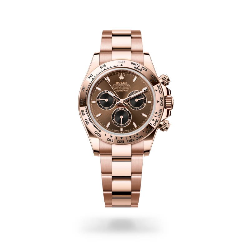 Rolex Cosmograph Daytona in 18 ct Everose gold with a Bright chocolate and black finish dial, 18 ct Everose gold bezel, and 18 ct Everose gold bracelet