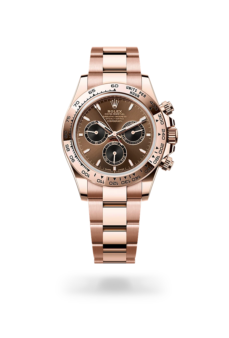 Rolex Cosmograph Daytona in 18 ct Everose gold with a Bright chocolate and black finish dial, 18 ct Everose gold bezel, and 18 ct Everose gold bracelet