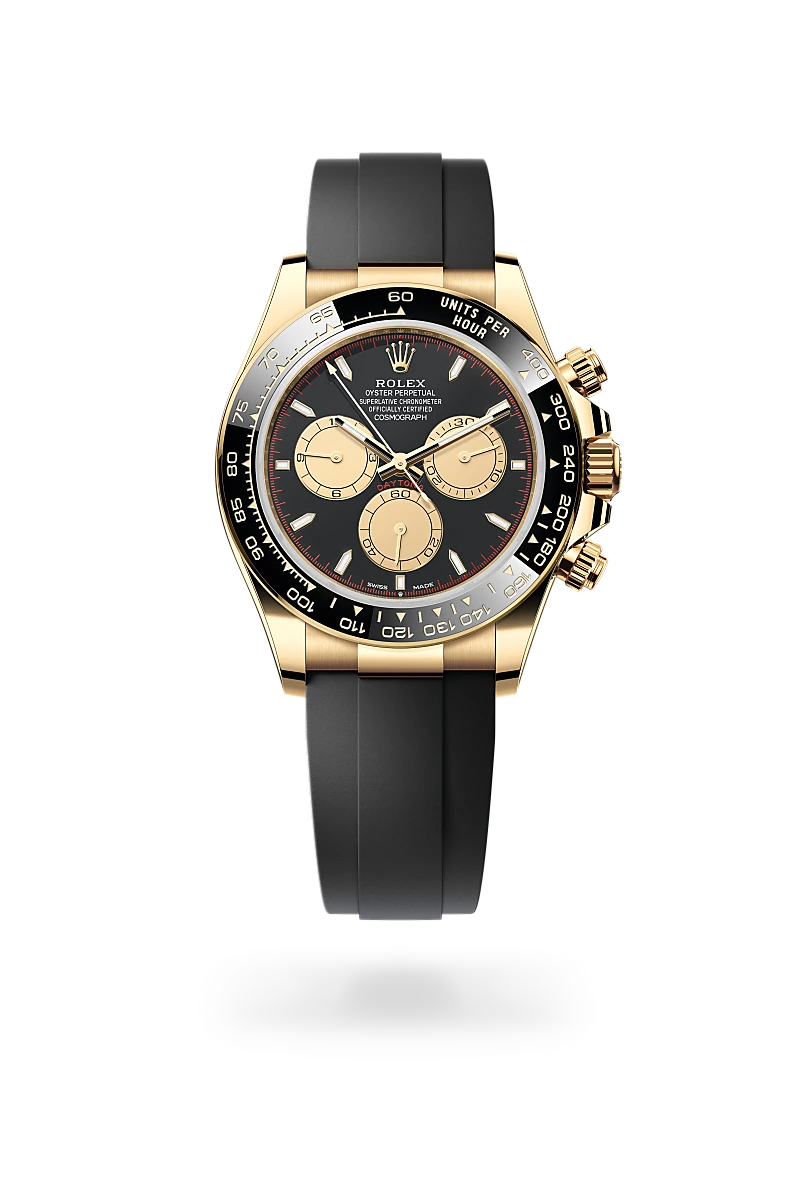 Rolex Cosmograph Daytona in 18 ct yellow gold with a Intense black and champagne-colour finish dial, Black bezel, and high-performance elastomer bracelet