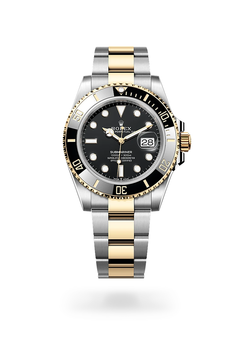 Rolex Submariner Date in Yellow Rolesor with a Black finish dial, black and gold bezel, and Yellow Rolesor bracelet