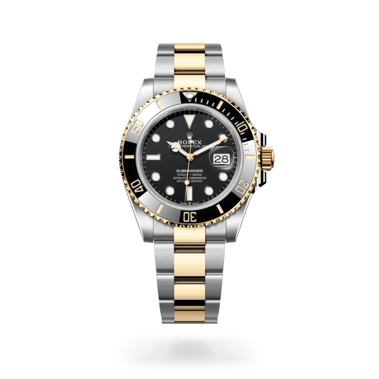 Rolex Submariner Date in Yellow Rolesor with a Black finish dial, black and gold bezel, and Yellow Rolesor bracelet