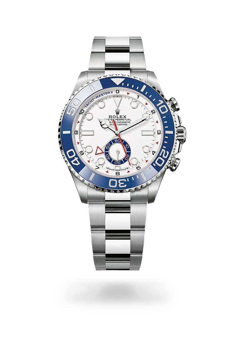 Rolex Yacht-Master II in Oystersteel with a White finish dial, blue and platinum bezel, and Oystersteel bracelet