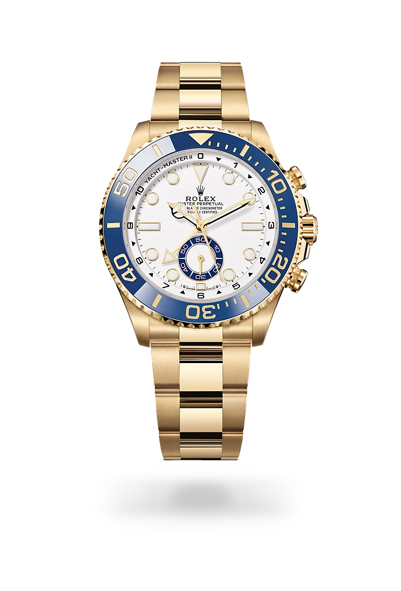 Rolex Yacht-Master II in 18 ct yellow gold with a White finish dial, blue and gold bezel, and 18 ct yellow gold bracelet