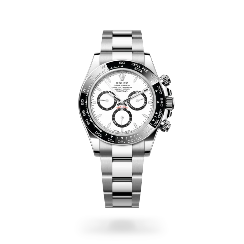 Rolex Cosmograph Daytona in Oystersteel with a White, black finish dial, Black monobloc Cerachrom bezel, and Oystersteel bracelet