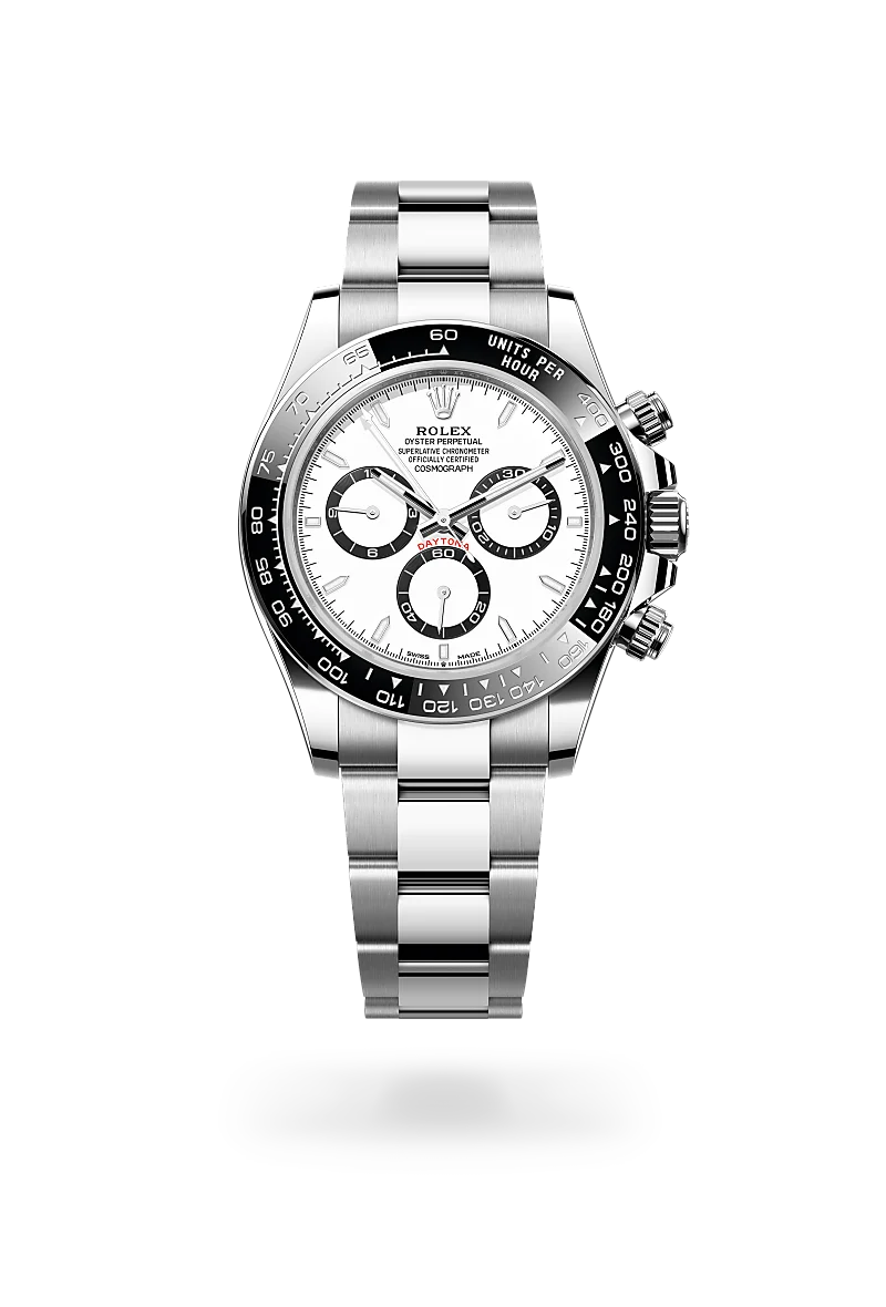 Rolex Cosmograph Daytona in Oystersteel with a White, black finish dial, Black monobloc Cerachrom bezel, and Oystersteel bracelet