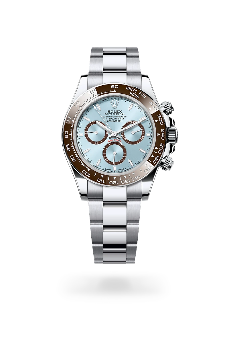 Rolex Cosmograph Daytona in Platinum with a Ice blue and chestnut brown finish dial, Chestnut brown Cerachrom bezel, and Platinum bracelet