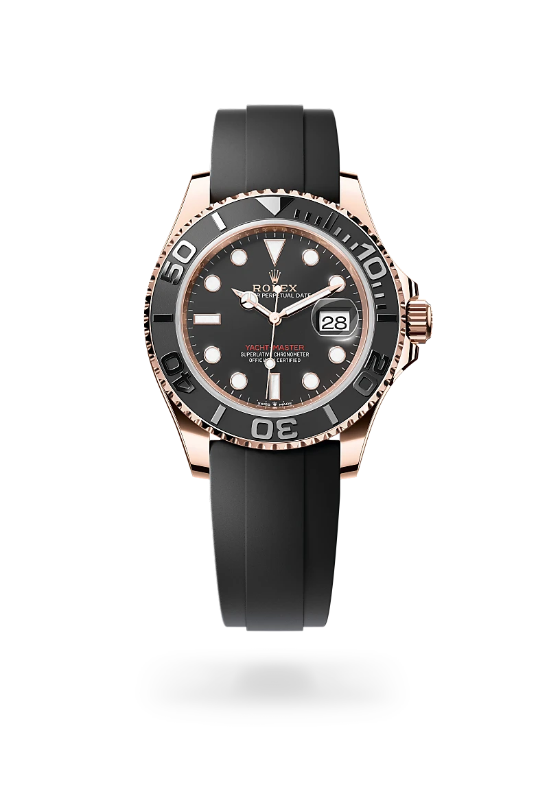 Rolex Yacht-Master 40 in 18 ct Everose gold with a Intense black finish dial, matt black bezel, and high-performance elastomer bracelet