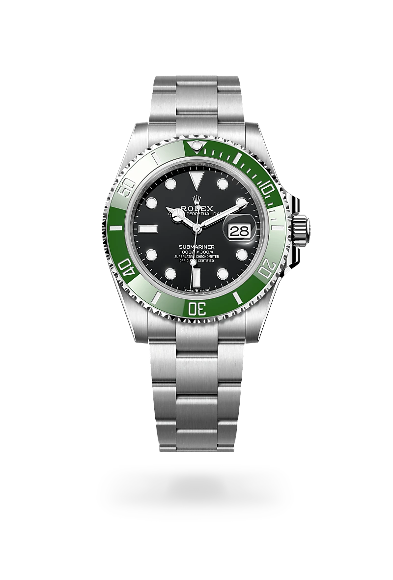 Rolex Submariner Date in Oystersteel with a Black finish dial, green and platinum bezel, and Oystersteel bracelet