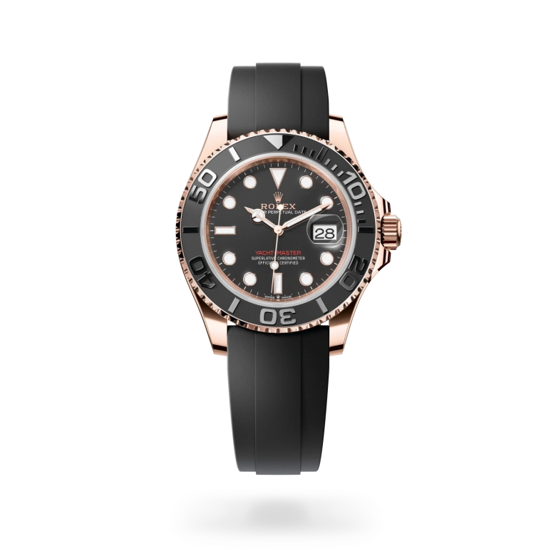 Rolex Yacht-Master 40 in 18 ct Everose gold with a Intense black finish dial, matt black bezel, and high-performance elastomer bracelet