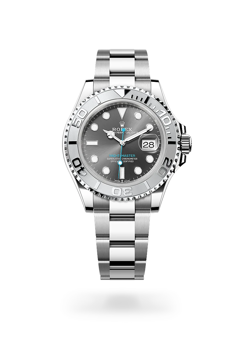 Rolex Yacht-Master 40 in Rolesium with a Slate finish dial, Platinum bezel, and Oystersteel bracelet