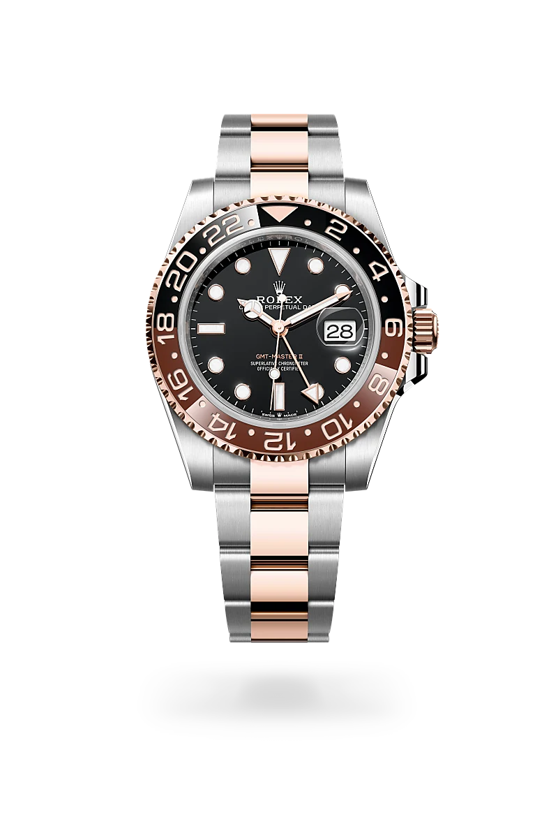 Rolex GMT-Master II in Everose Rolesor with a Black finish dial, two-colour brown and black bezel, and Everose Rolesor bracelet