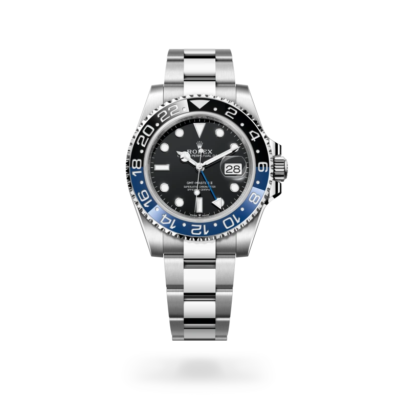 Rolex GMT-Master II in Oystersteel with a Black finish dial, Two-colour blue and black bezel, and Oystersteel bracelet