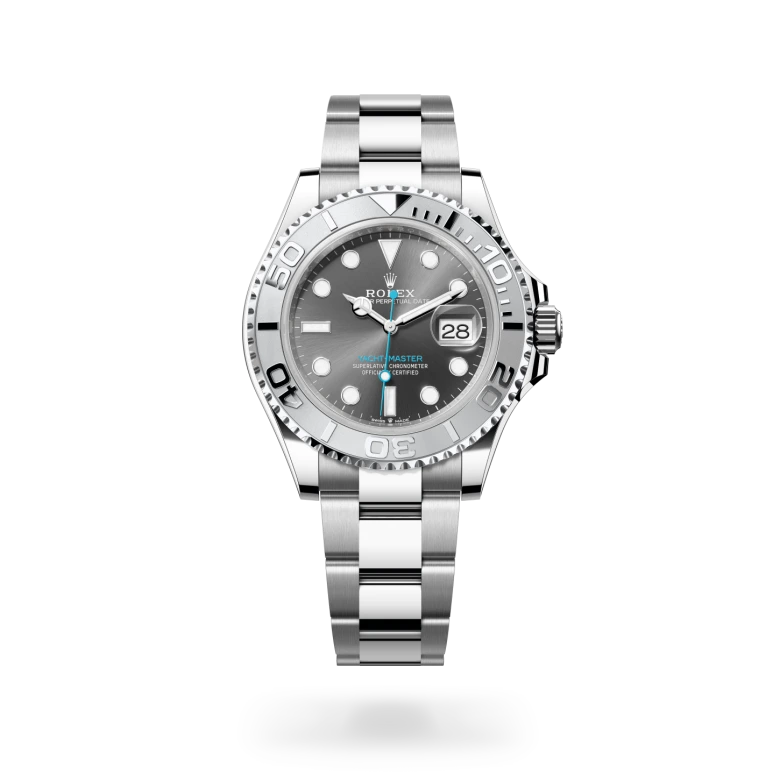 Rolex Yacht-Master 40 in Rolesium with a Slate finish dial, Platinum bezel, and Oystersteel bracelet