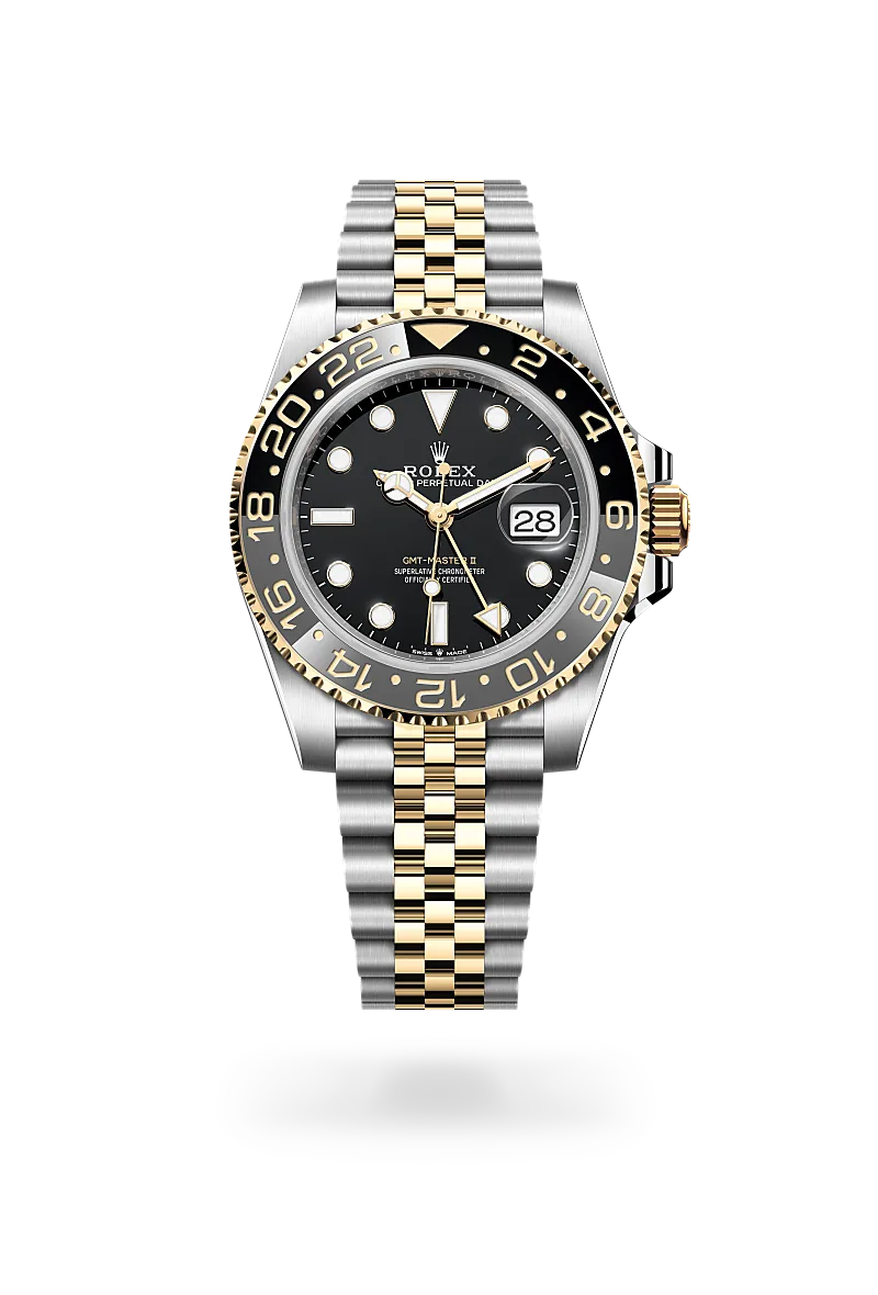 Rolex GMT-Master II in Yellow Rolesor with a Black finish dial, Two-colour grey and black bezel, and Yellow Rolesor bracelet