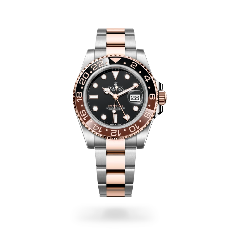 Rolex GMT-Master II in Everose Rolesor with a Black finish dial, two-colour brown and black bezel, and Everose Rolesor bracelet