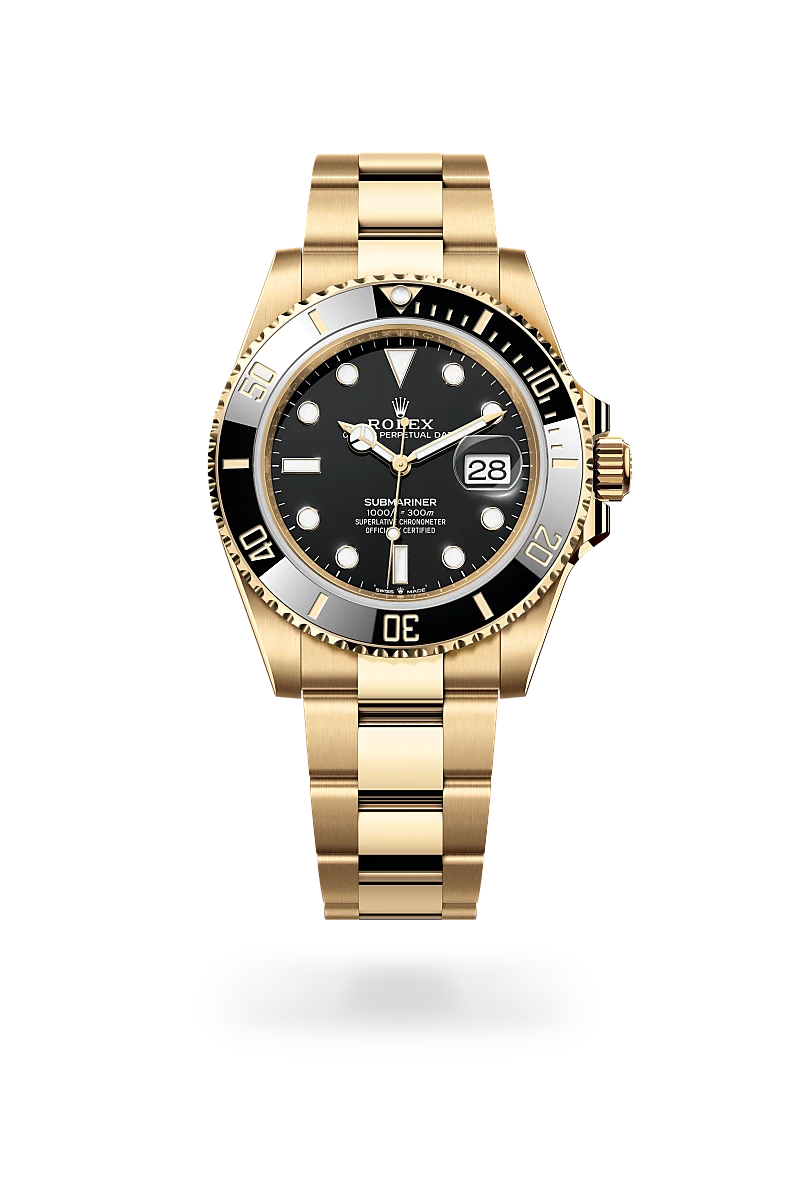 Rolex Submariner Date in 18 ct yellow gold with a Black finish dial, black and gold bezel, and 18 ct yellow gold bracelet