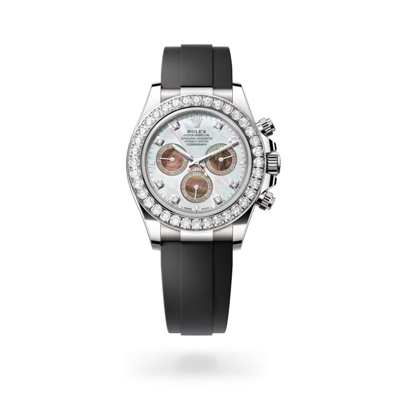 Rolex Cosmograph Daytona in 18 ct white gold with a White and black mother-of-pearl diamond set finish dial, diamond set bezel, and high-performance elastomer bracelet
