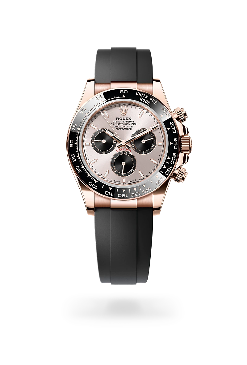 Rolex Cosmograph Daytona in 18 ct Everose gold with a Sundust and bright black finish dial, Black monobloc Cerachrom bezel, and high-performance elastomer bracelet