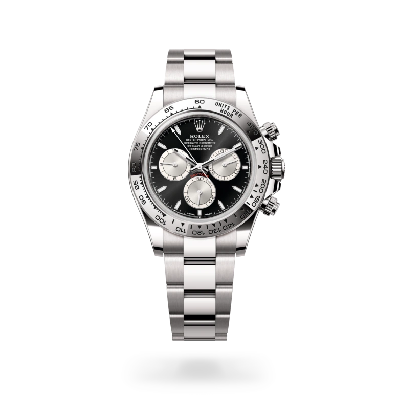 Rolex Cosmograph Daytona in 18 ct white gold with a Bright black and steel finish dial, 18 ct white gold bezel, and 18 ct white gold bracelet