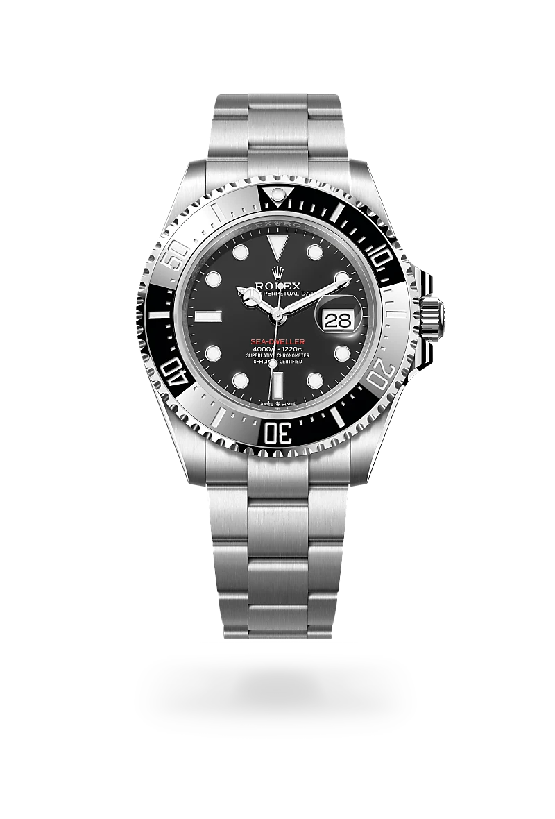 Rolex Sea-Dweller in Oystersteel with a Intense black finish dial, black and platinum bezel, and Oystersteel bracelet