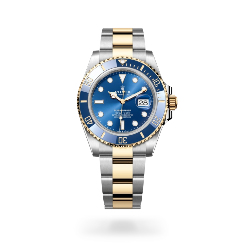 Rolex Submariner Date in Yellow Rolesor with a Royal blue finish dial, blue and gold bezel, and Yellow Rolesor bracelet
