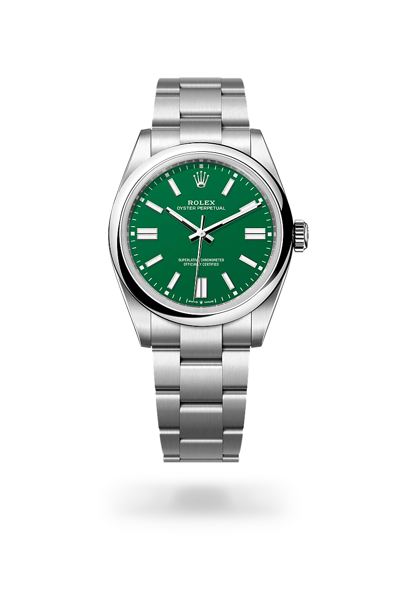 Rolex Oyster Perpetual 41 in Oystersteel with a Green finish dial, domed bezel, and Oystersteel bracelet